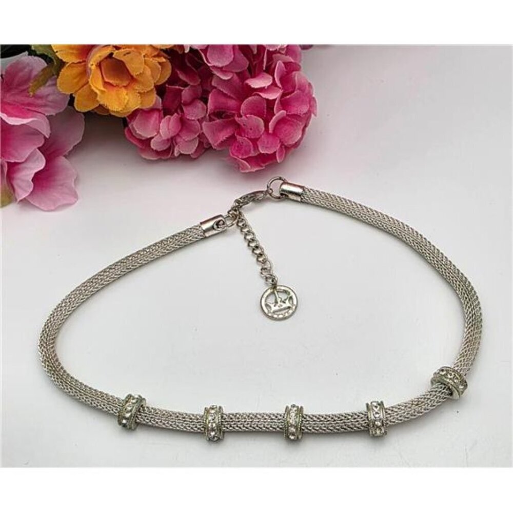 Crown Trifari Silver-Tone Mesh Necklace 18" Clear Crystal Accents Vintage Signed